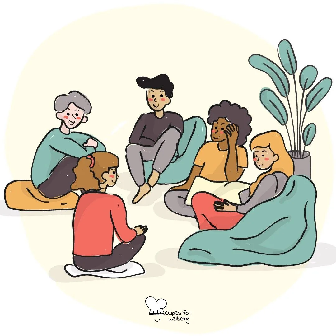 A group sitting on the floor in a circle, listening to one another