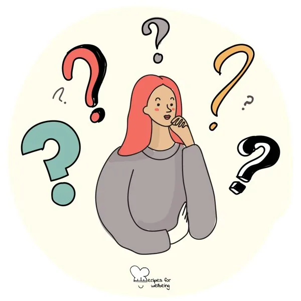 A person thinking, surrounded by question marks