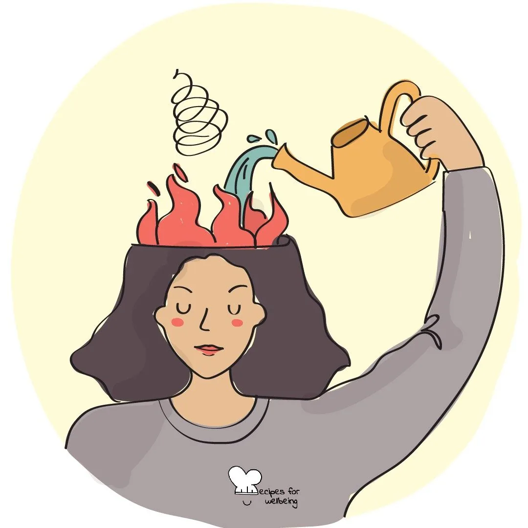 A person with flames rising from their head, a watering can pouring over them