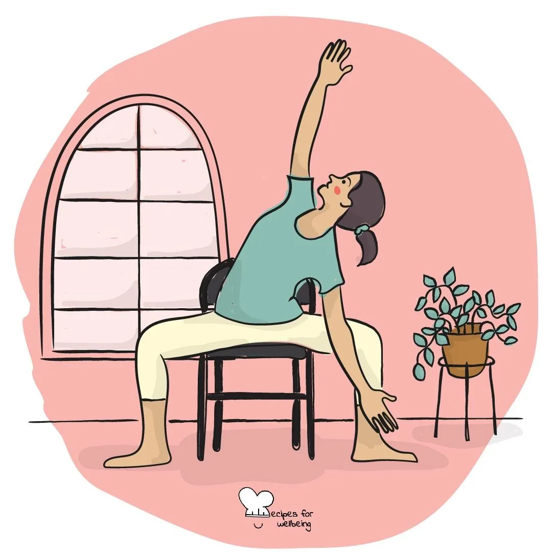 A person on a chair beside a window, stretching one arm up, with a plant on the sill