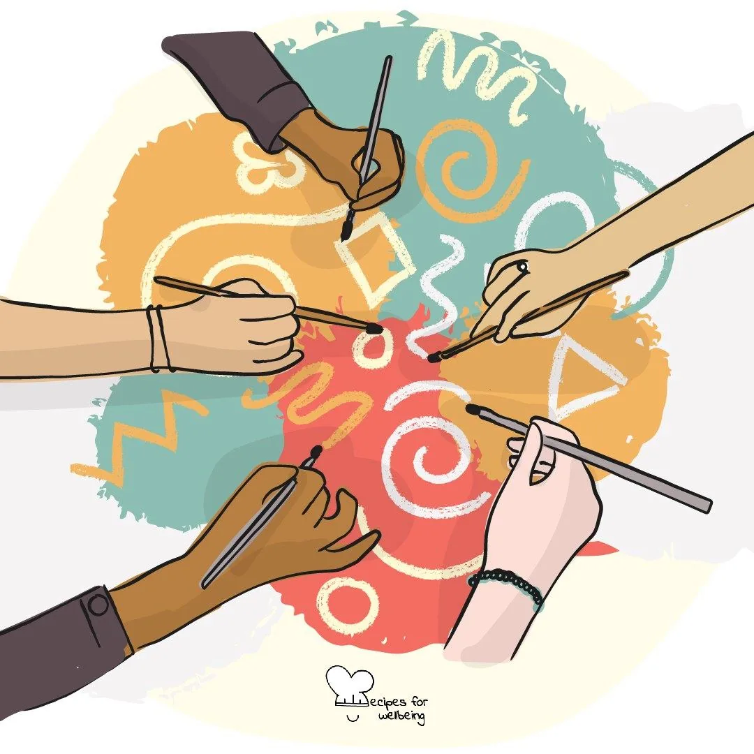 Four hands painting coloured swirls together on one sheet