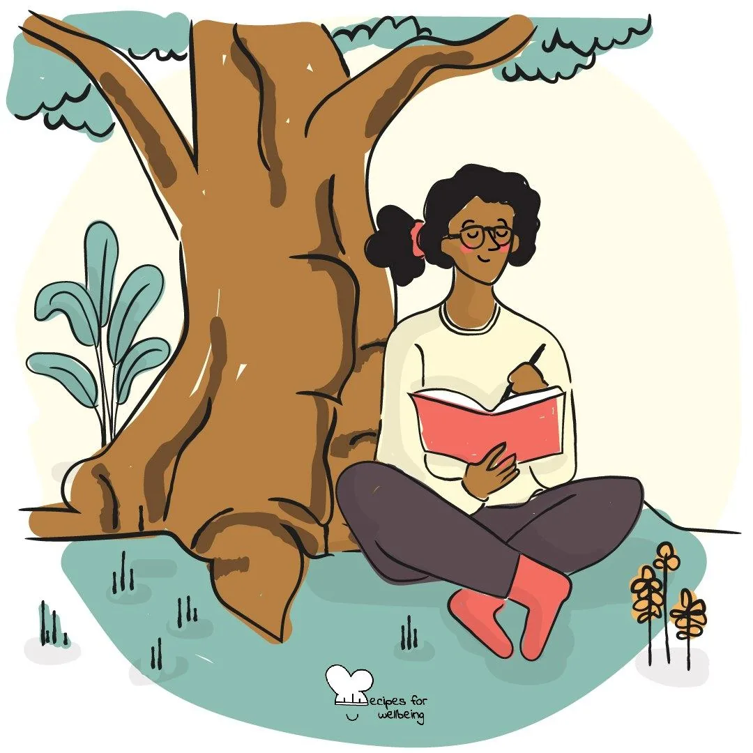 A person sitting under a large tree, reading