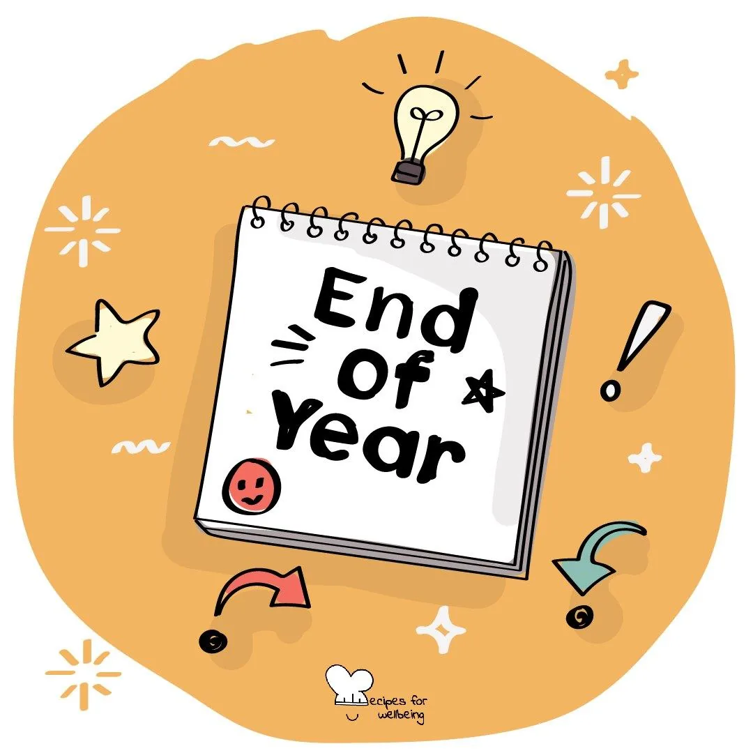 A notepad reading 'End of Year', surrounded by stars, arrows and a lightbulb
