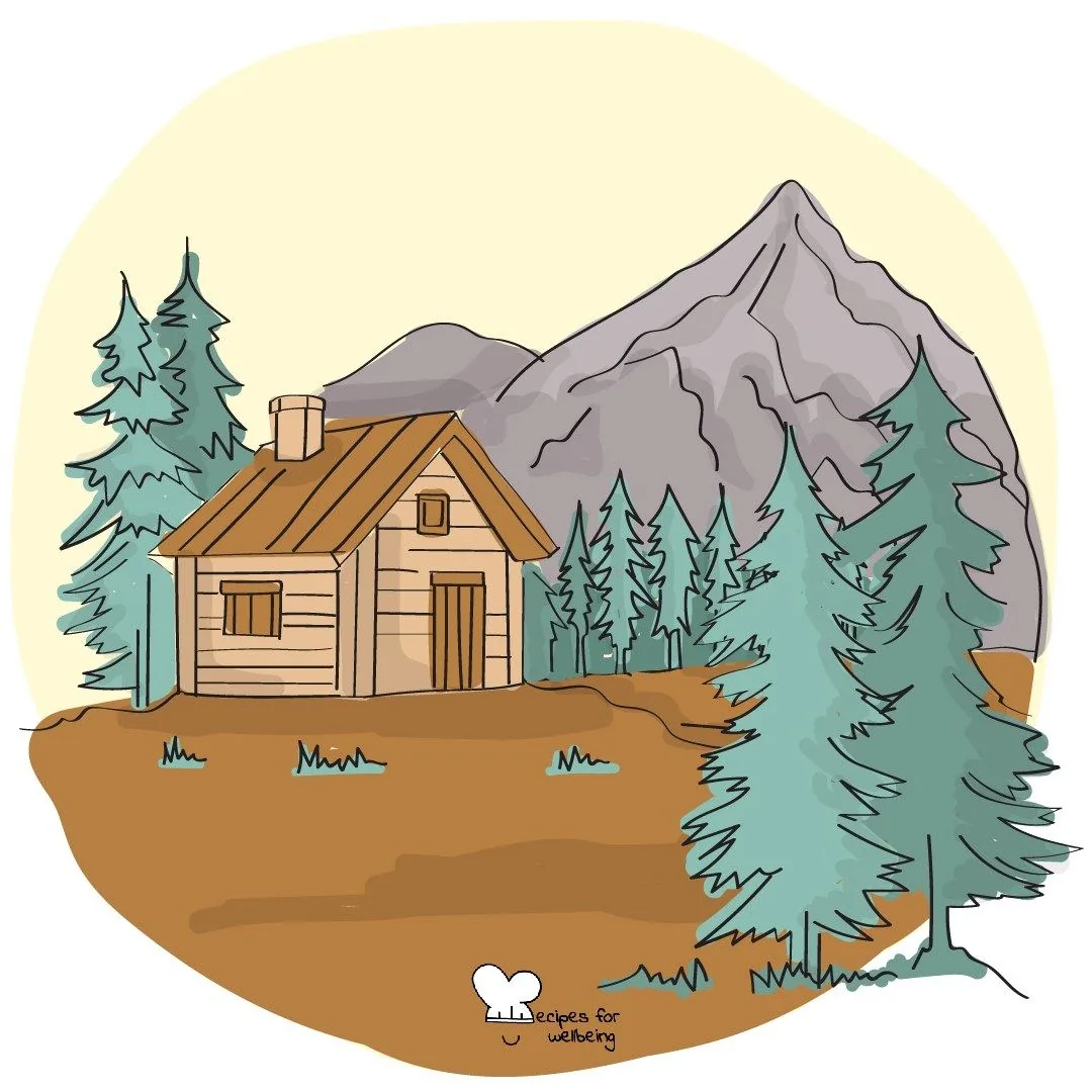 A wooden cabin among pine trees, with a mountain rising behind it