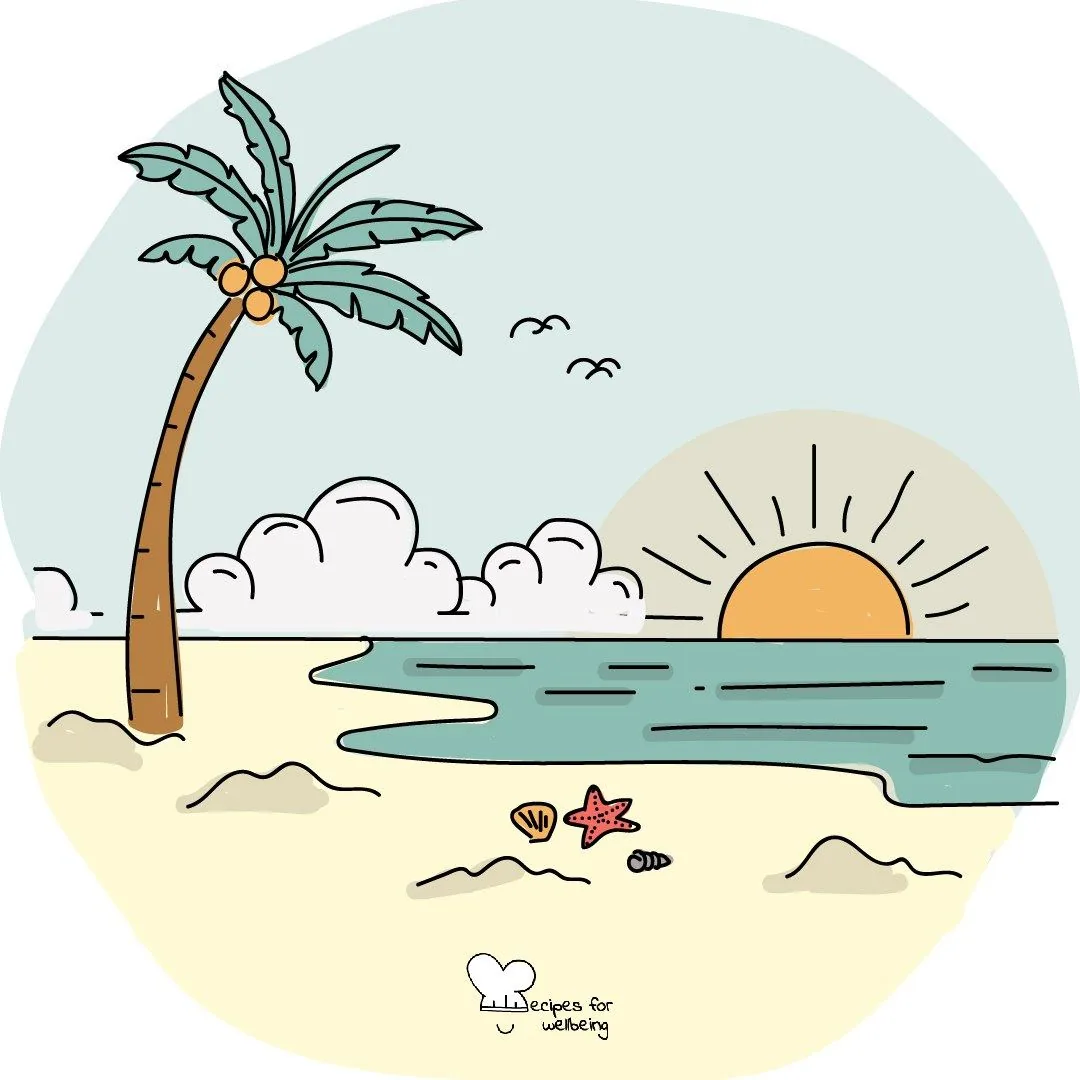 A palm tree on a beach at sunrise, birds over the sea