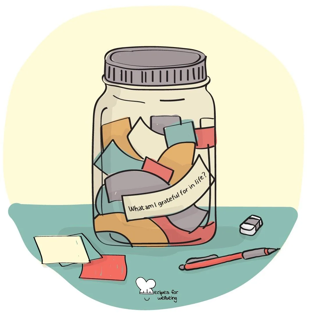 A glass jar full of folded paper notes, with a pencil and an eraser beside it