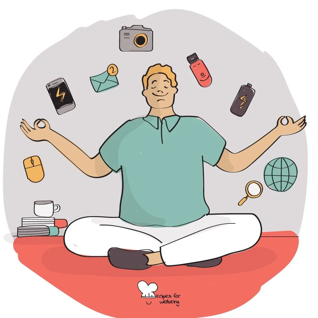 A person sitting cross-legged while phones, cameras and apps float around them