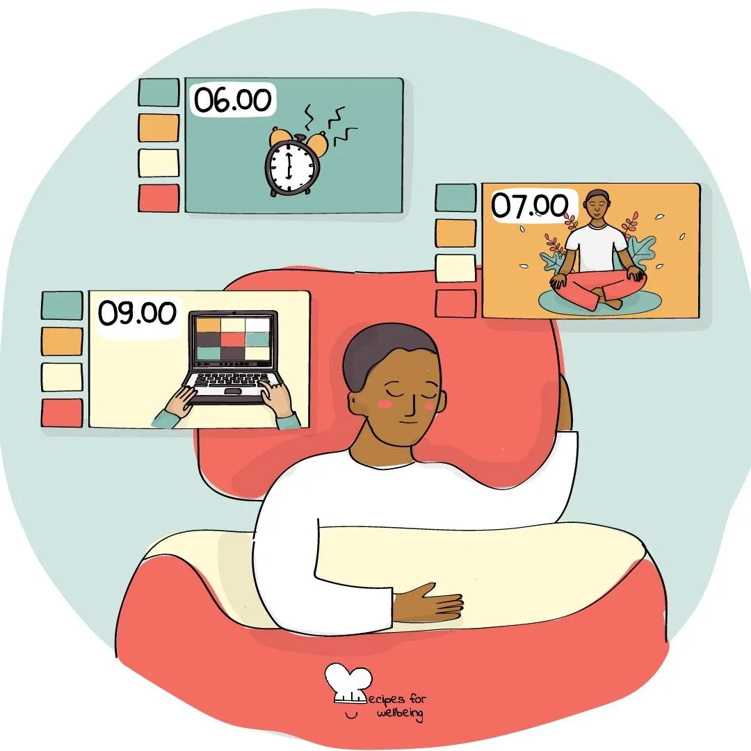 A person resting against a cushion, screens beside them showing 06.00, 07.00 and 09.00