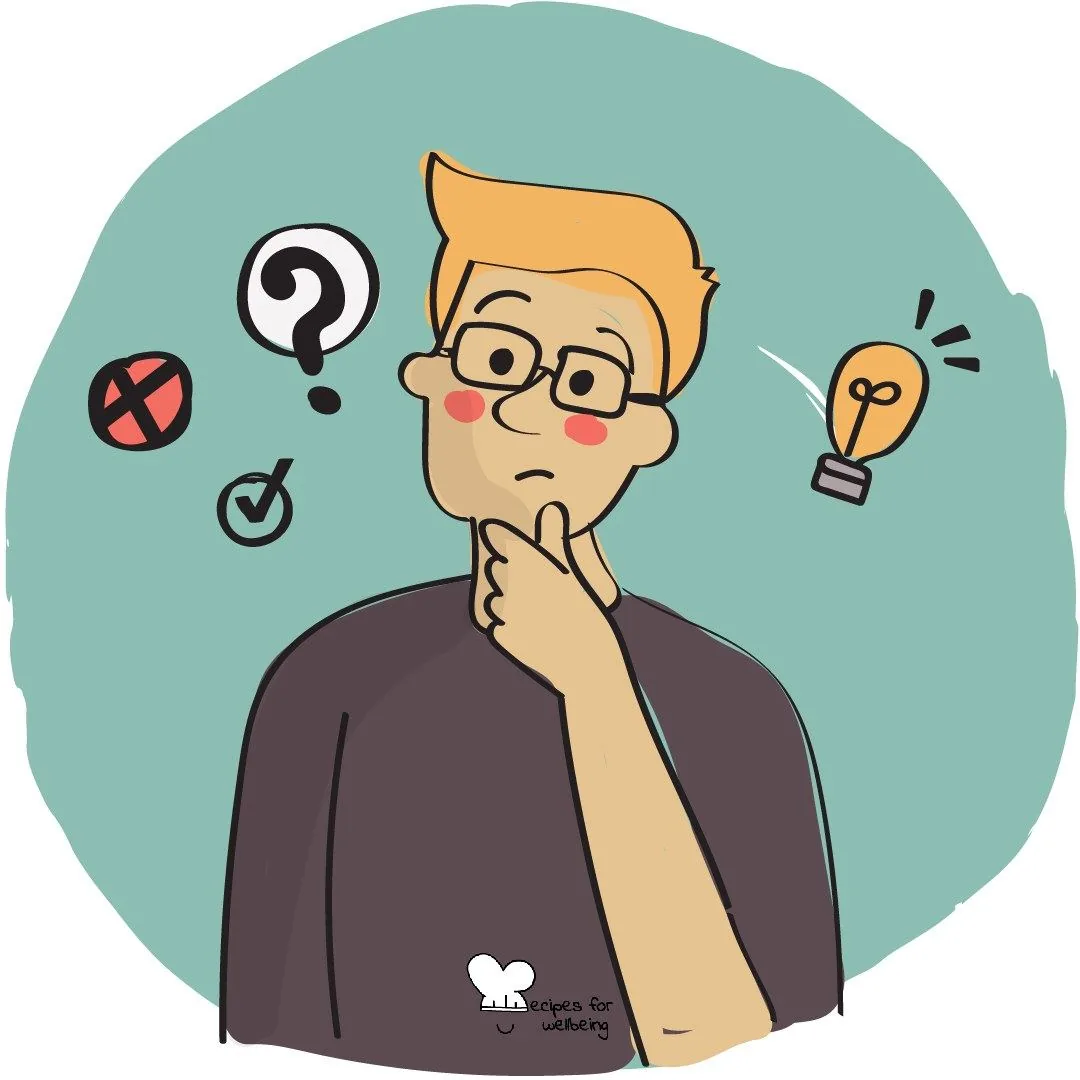 A person deep in thought, question marks and a lightbulb around their head