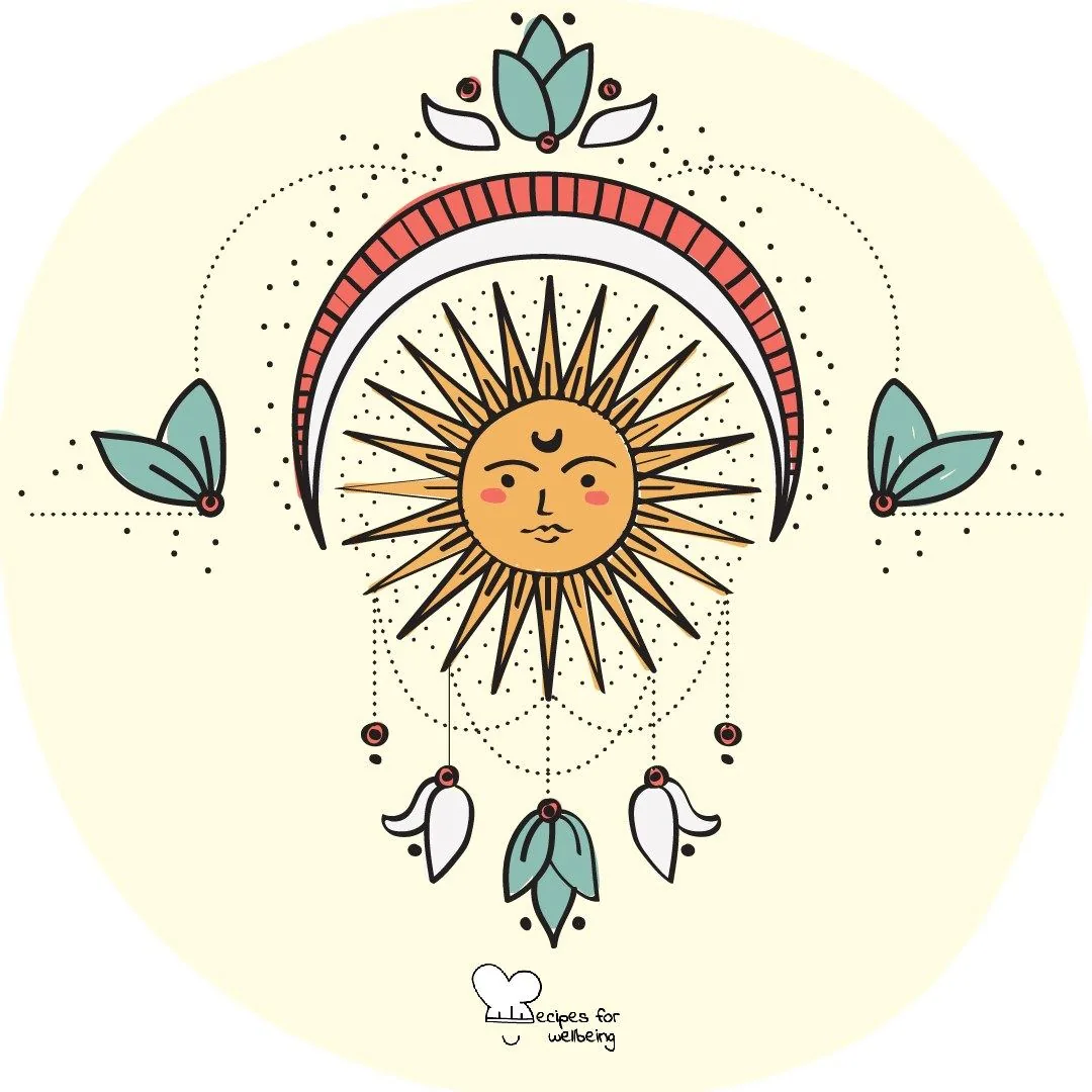 A sun with a face at the centre of a ring of rays, butterflies around it