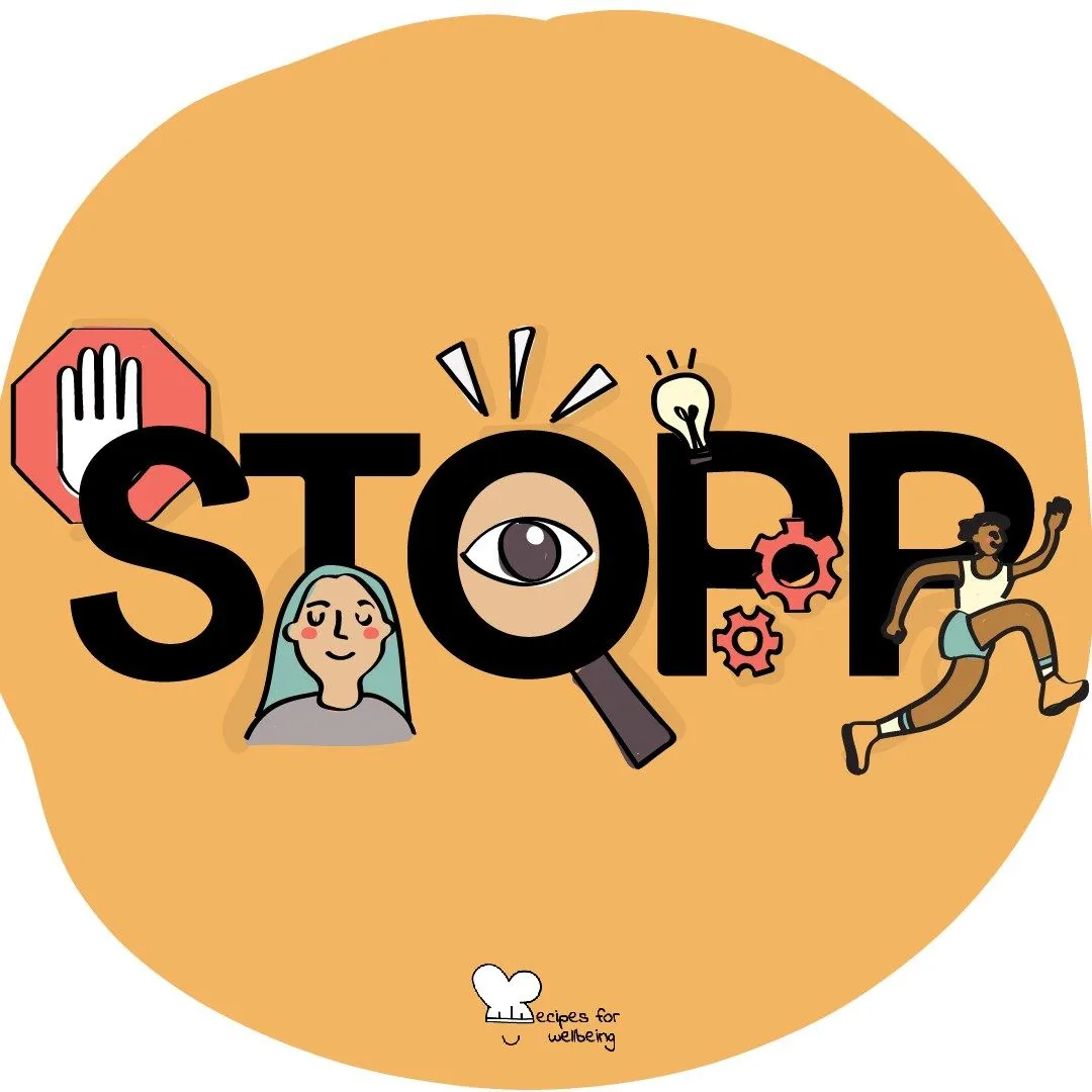 The word STOPP spelled out, each letter holding a small icon