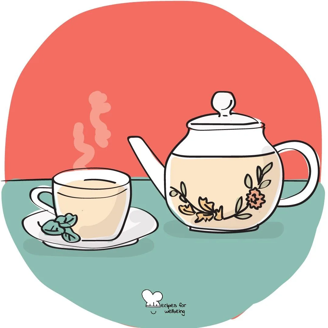 A teapot and a cup of tea with steam rising from it, mint leaves on the saucer